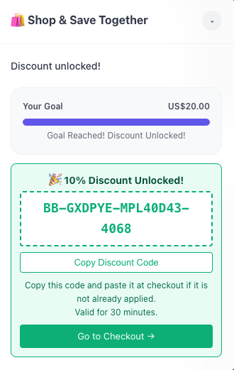 BuddyBoost popup with unlocked discount code and checkout CTA