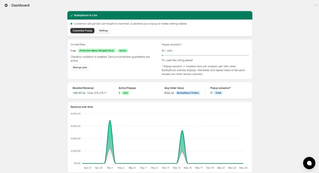 BuddyBoost Shopify admin dashboard with live status and metrics